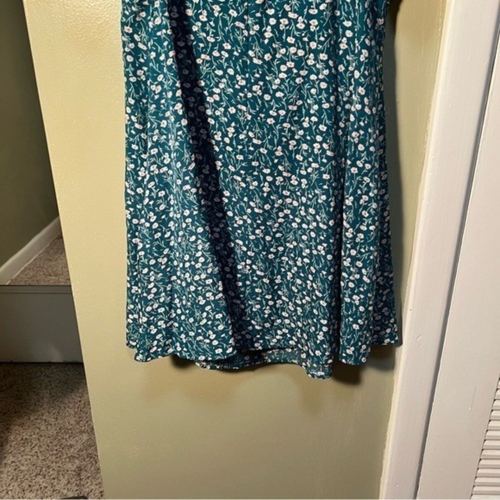 Womens Off Shoulder Mini Dress Green White Ditsy Floral Sweetheart Tie Neck Puff - Picture 11 of 13